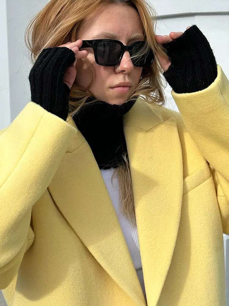 Yellow Woolen Female Coats Turn-Down Collar Loose Lady Jacket 2024 Autumn Winter Long Sleeve One Button Solid Women Coat