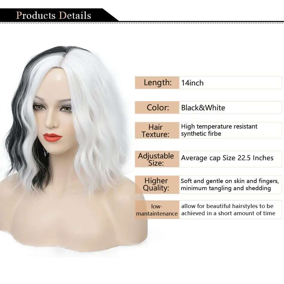 Cruella De Vil Synthetic 14"Short Curly Bob Wavy Wig Body Wave Halloween Cosplay Daily Women Girls Party Wigs (Black And White)