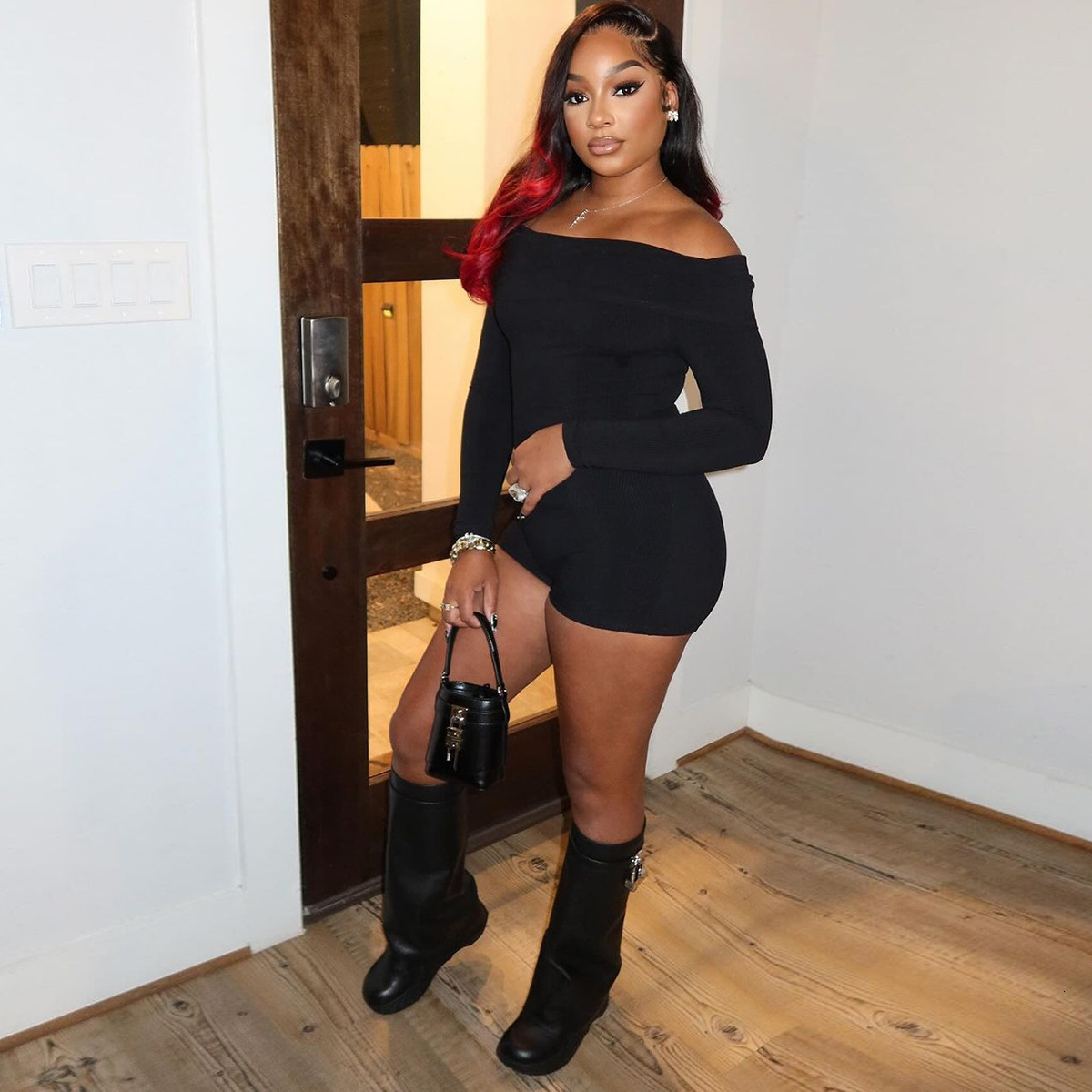 New4 Autumn New Sexy One Neck Off Shoulder Long Sleeve Knitted Casual Jumpsuit