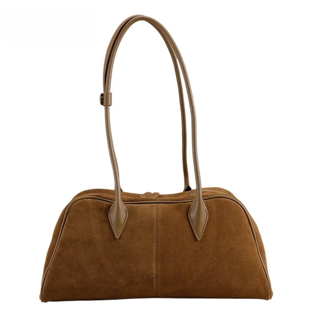 Vintage England Stylish Matte Coffee Color Boston Tote Genuine Suede Leather Women Top-Handle Handbag Leisure Daily Shoulder Bag