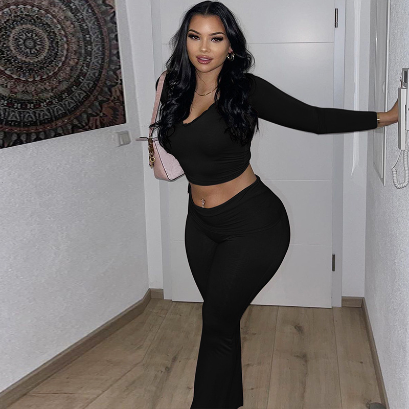 Women's Clothing New4 Spring New Fashion V-Neck Exposed Navel Top Slim Fit Solid Color Leggings Set