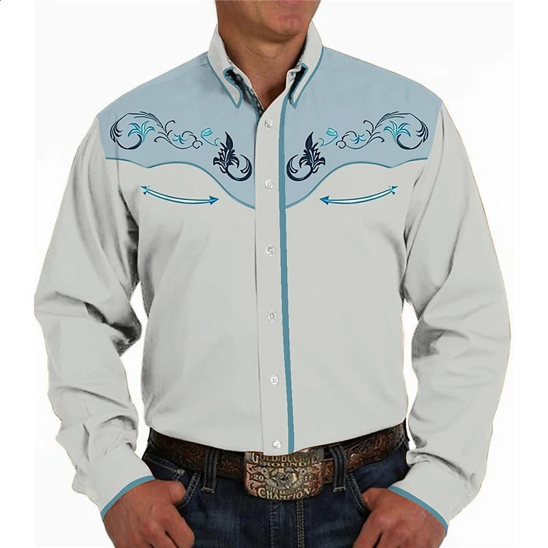 Vintage Floral Pattern Western Shirts For Men Spring Autumn Fashion Casual 3D Printed Long Sleeve Shirt Loose Streetwear Blouse 250225