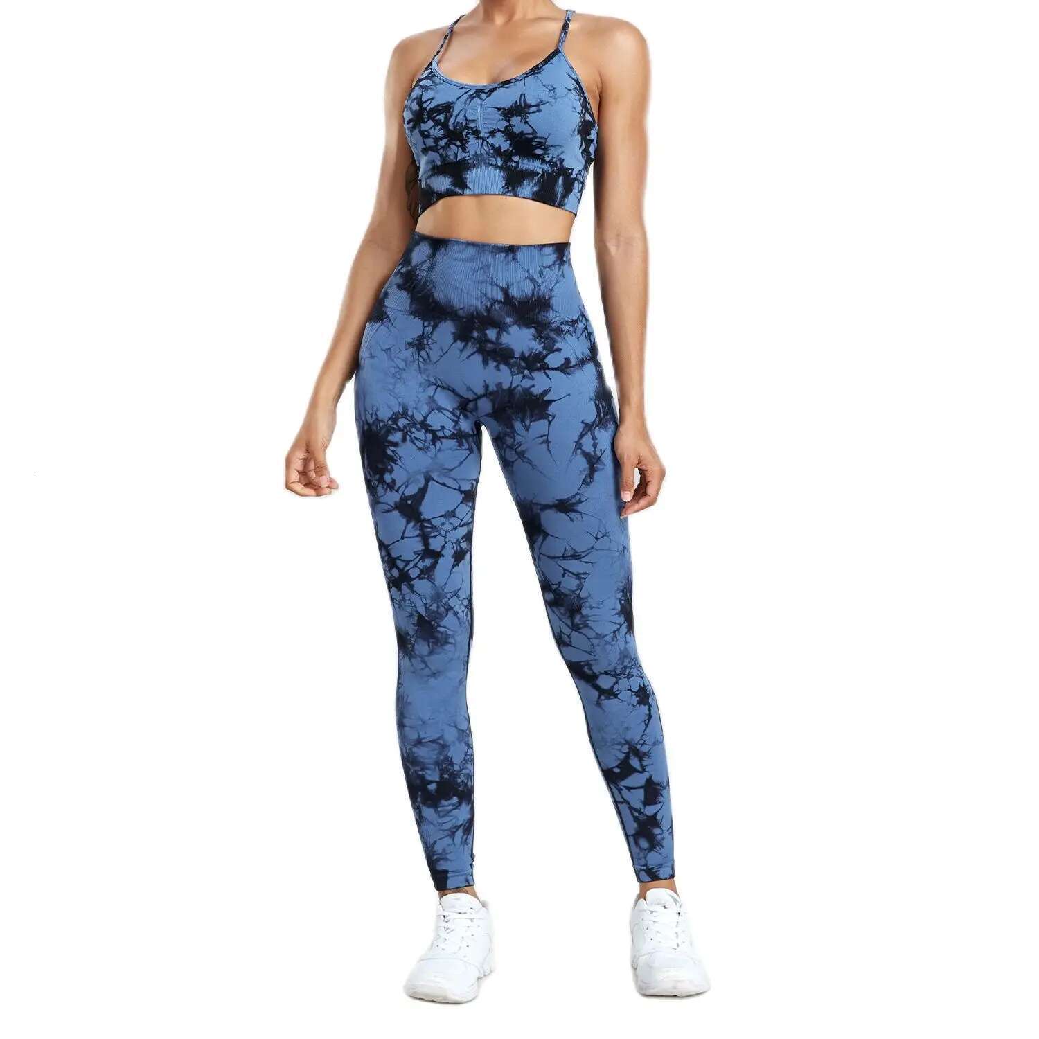 CHRLEISURE Women Tie Dye Yoga Set Seamless Fiess Suit Workout Legging With Running Bra Activewear Female Elastic Gym Wear