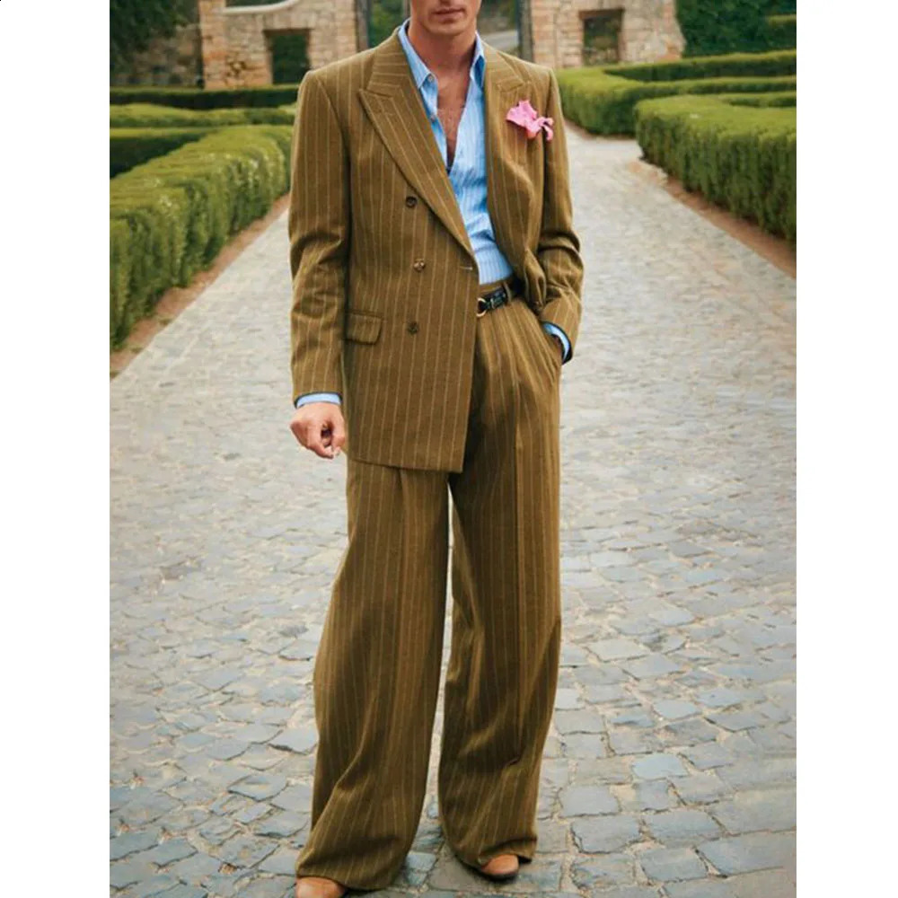 Mens striped set two-piece elegant fashion set casual fashion workwear party dress mens Halloween costume mens clothing 250224