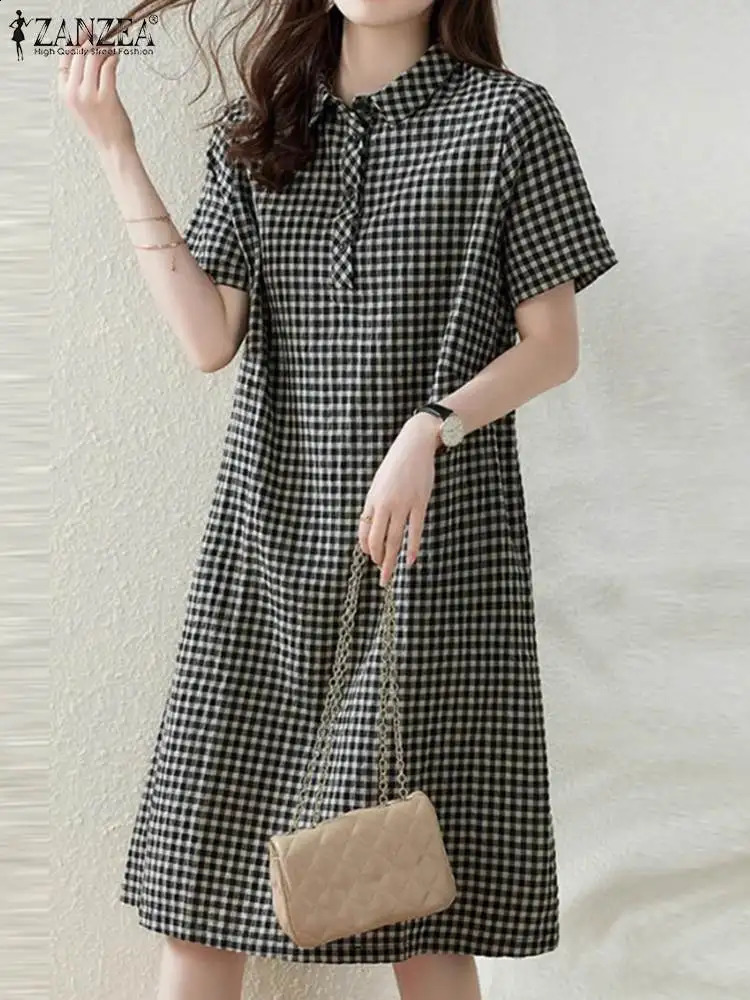 ZANZEA Women Plaid Long Shirt Dress Summer Short Sleeve Midi Dress Fashion Office Lapel Neck Robe Casual Loose Lady Dress 250226