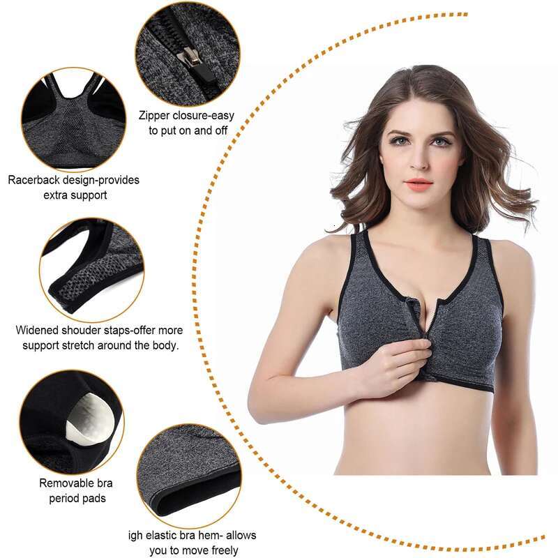 VEQKING Front Zipper Women Bras,Breathable Wirefree Padded Push Up Top,Fiess Gym Yoga Workout Sports Bra Top
