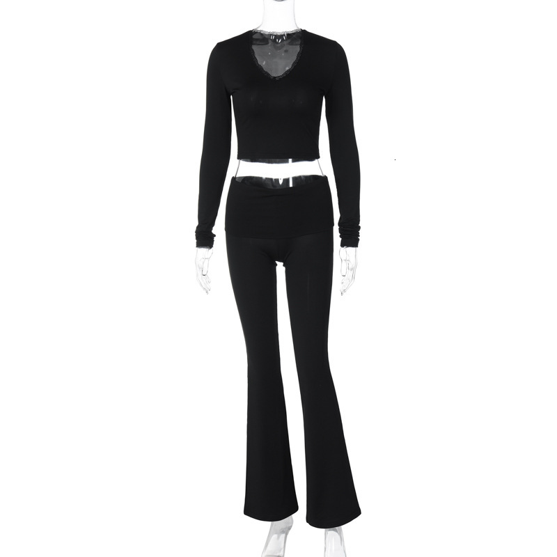Women's Clothing New4 Spring New Fashion V-Neck Exposed Navel Top Slim Fit Solid Color Leggings Set