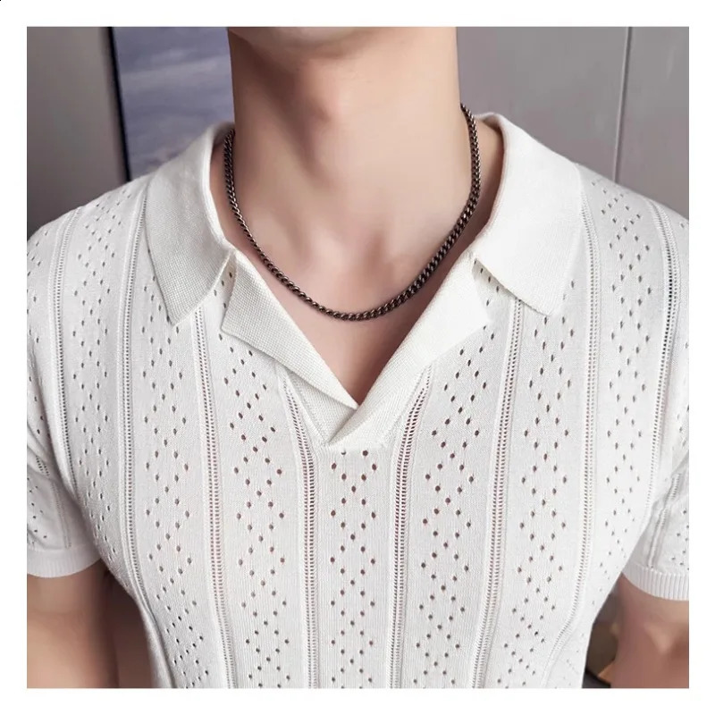 Minglu Knitted V Collar Mens Polo Shirts Spring Summer Short Sleeve Solid Color Hollow Out Casual Male T-shirts Man Tees 250228