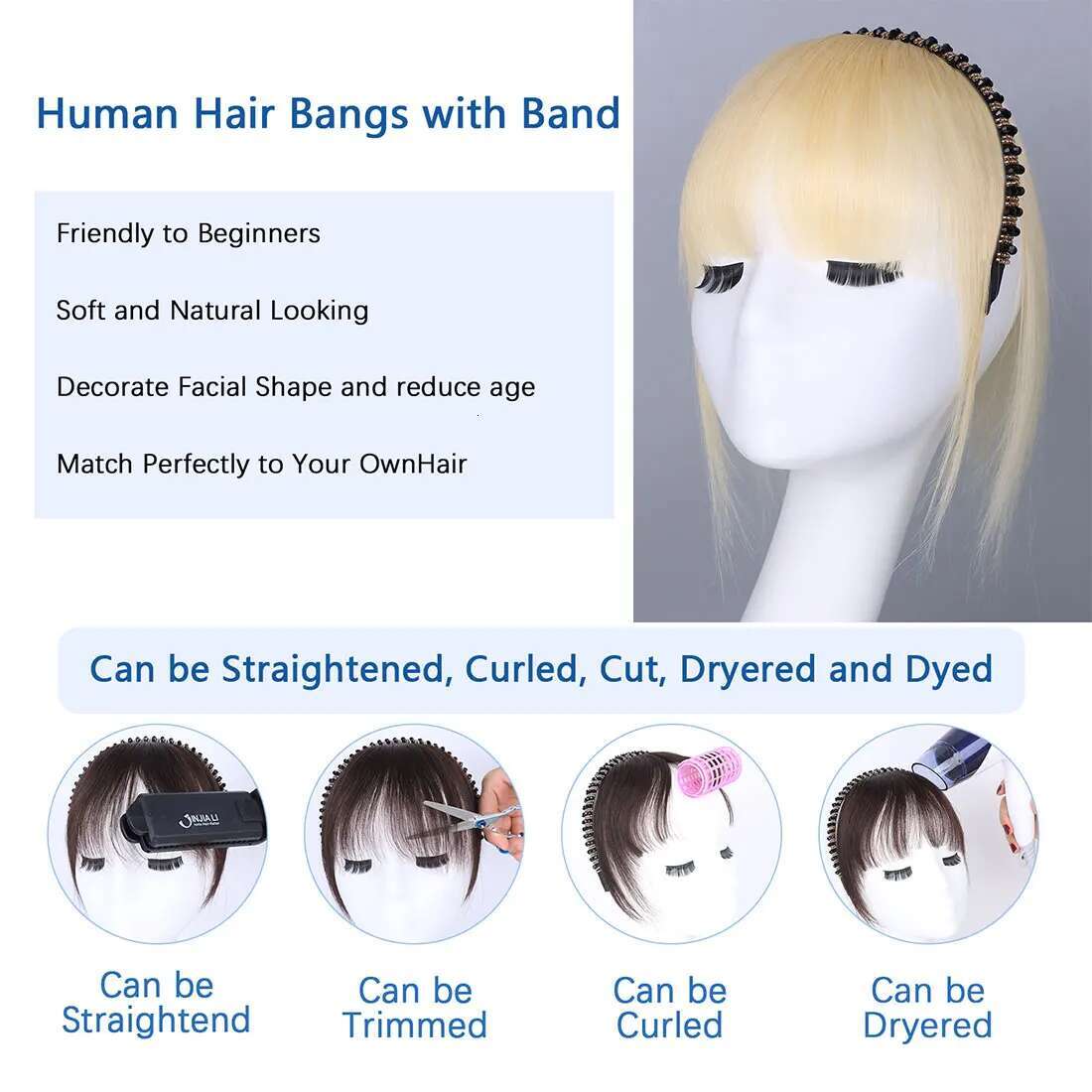 Platinum Blonde Human Toppers Rhie Women Clip In Bangs With Band Straight Hairpiece For Thinning Hair