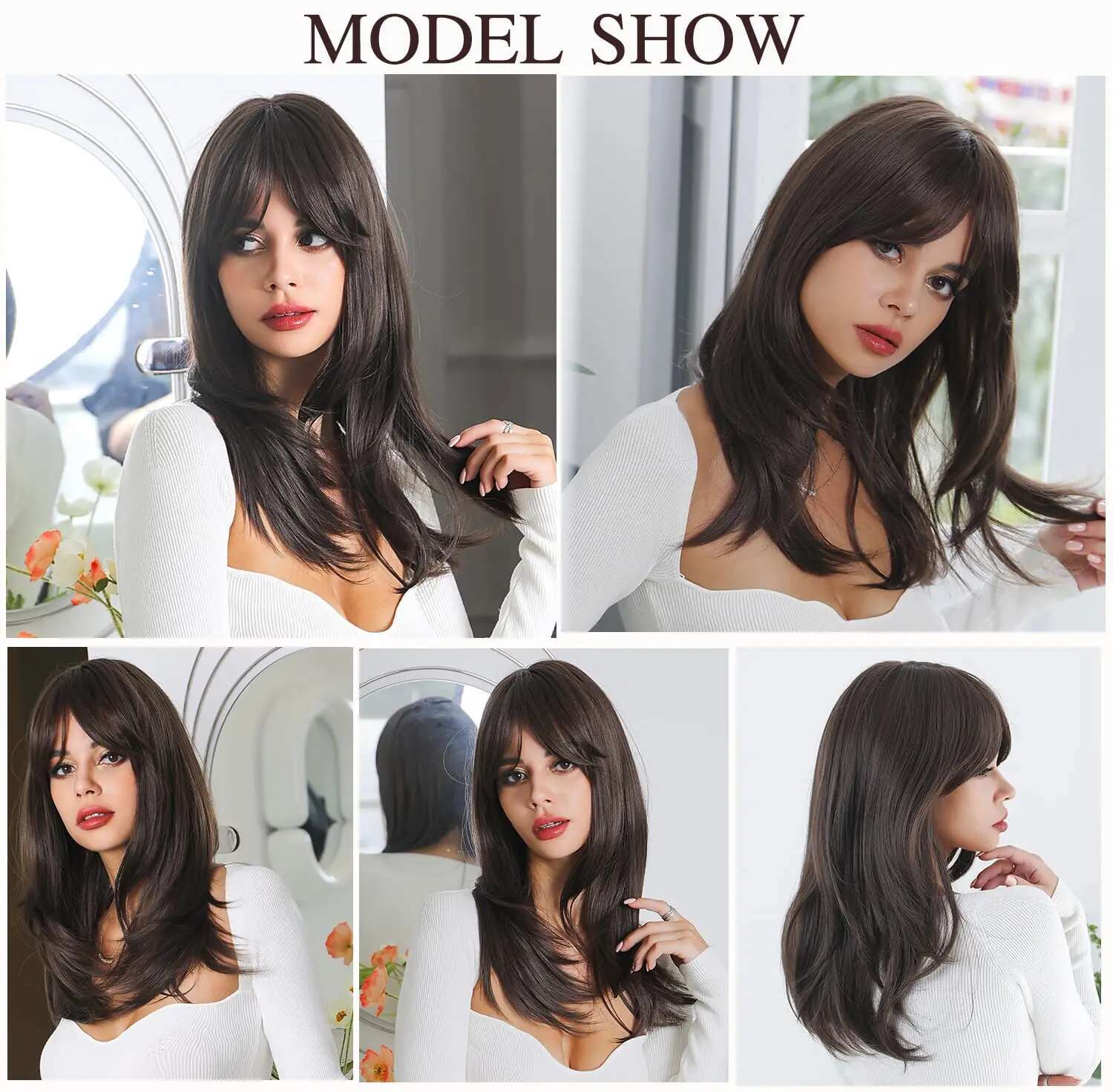 Long Synthetic Black Straight Wigs Women 22 Inch Realistic With Bangs Natural Layered Wig For Girls Daily Party