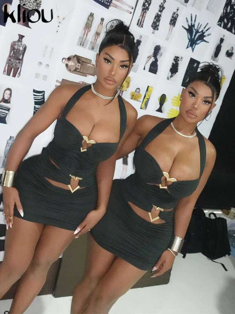 Kliou Heart Shape Decoration Women Mini Dress Sexy Halter Sleeveless Hollow Out Shirring Bodycon Female Midnight Trend Clubwear