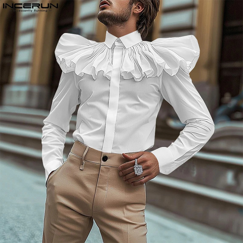INCERUN Tops American Style Men Ruffled Courtly Style Shirt Casual Fashion Loose Solid Long Sleeved Blouse S-5XL 250225