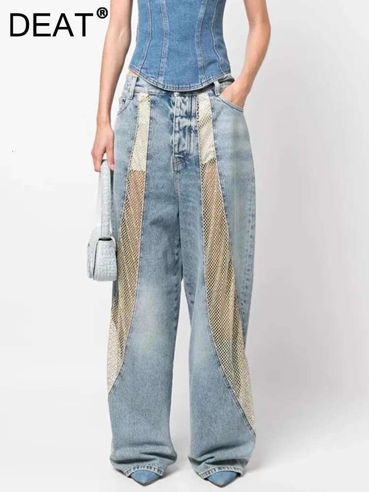DEAT Fashion Women Jeans High Waist Hollow Out Perspective Grid Laser Nail Drill Pockets Wide Leg Pants Summer 2024 New 7Ab4277