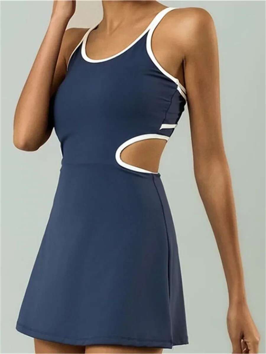 Tennis Dress Women Sleeveless Push Up Padded Sport Dresses Training Running Fiess Hollow Out Backless Slim Badminton Suit