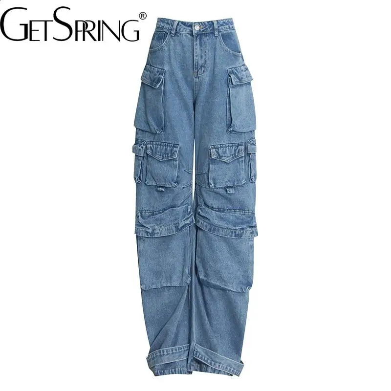 GetSpring Womens Jeans Autumn Winter Fashion All Match High Waist Multi Pockets Loose Casual Long Straight Jeans Denim Pants 250224
