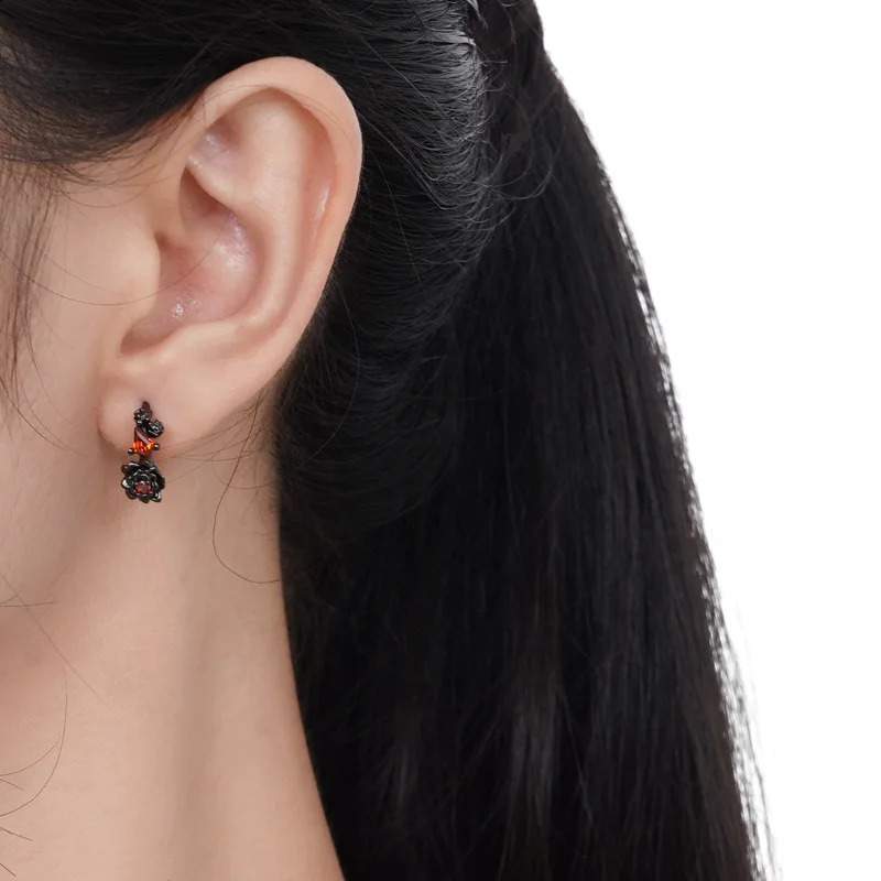 F. I.N.S Original S925 Pure Silver Black Rose Ring Earrings for Womens Small Fashion Red Zirconia Earrings Exquisite Jewelry 250228