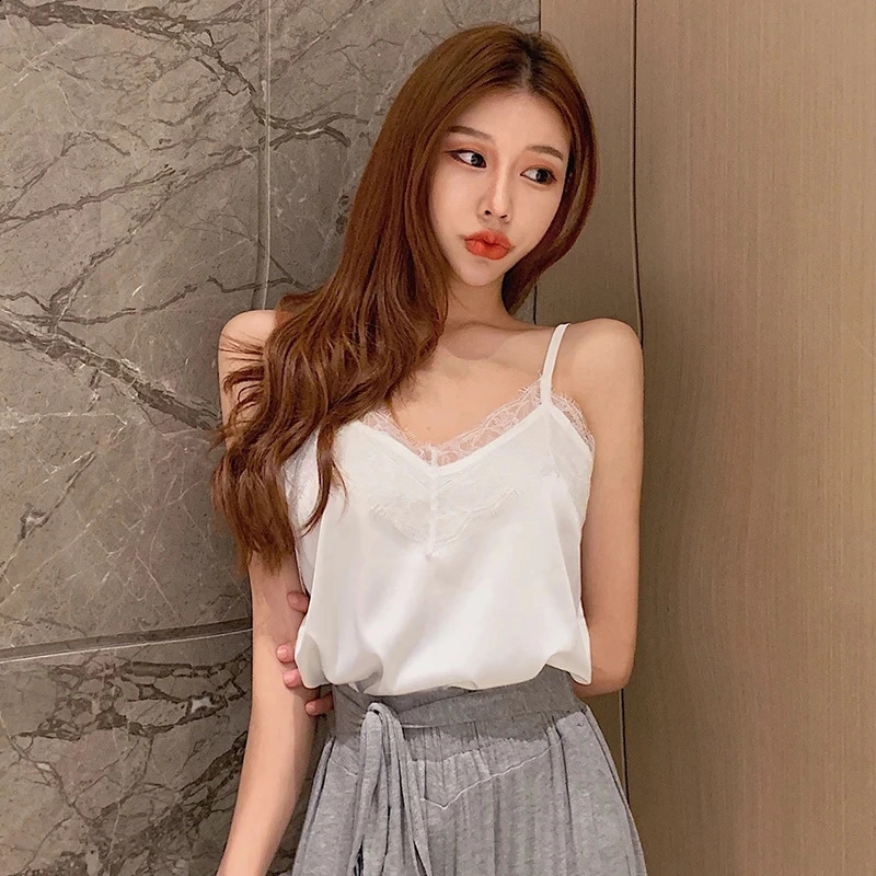Summer with Lace Silk Top Cami for Women Spaghetti Strap Top Tank Ladies Tops White Camis Basic Tops Women Summer Fashion 250224