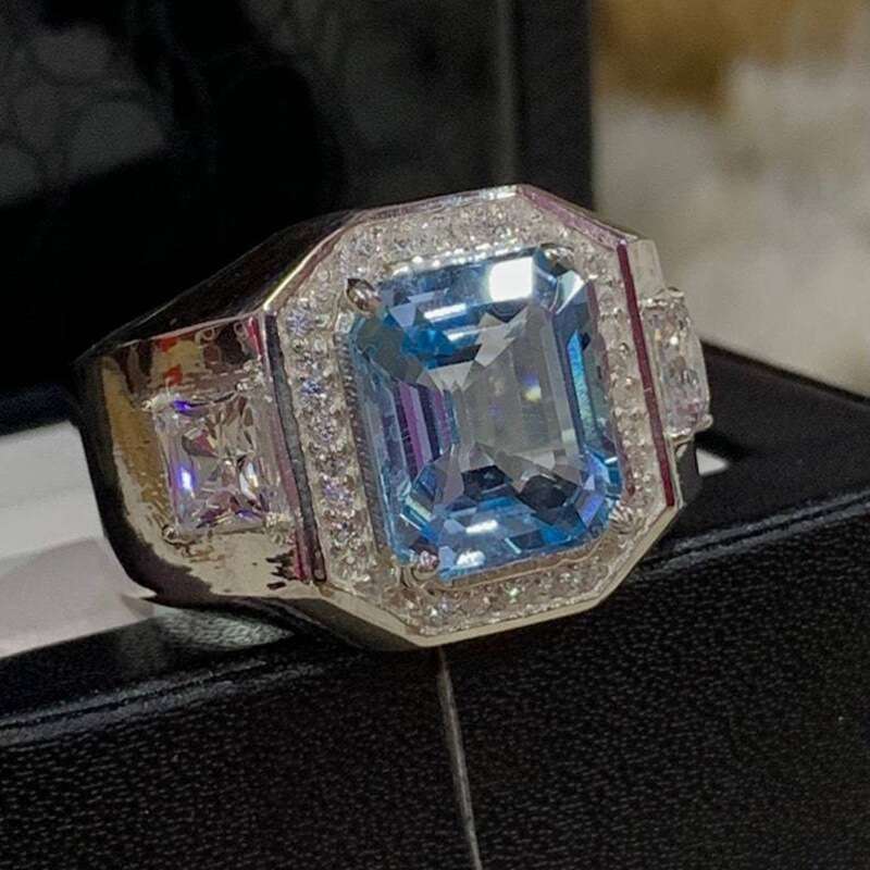 Feiyu's new square sea blue domineering fashionable men's bracelet silver diamond ring