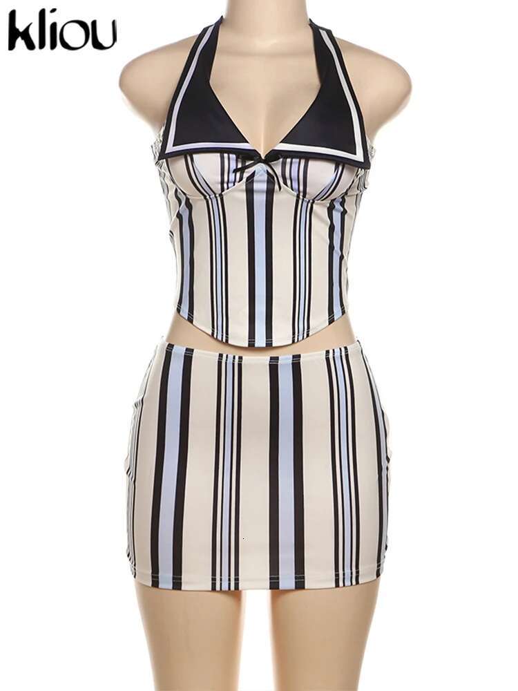 Kliou Stripe Print Matching 2 Piece Set Women Summer Fashion Halter Lapel Low Neck Slim Tanks+Mini Skirts Female Street Clubwear