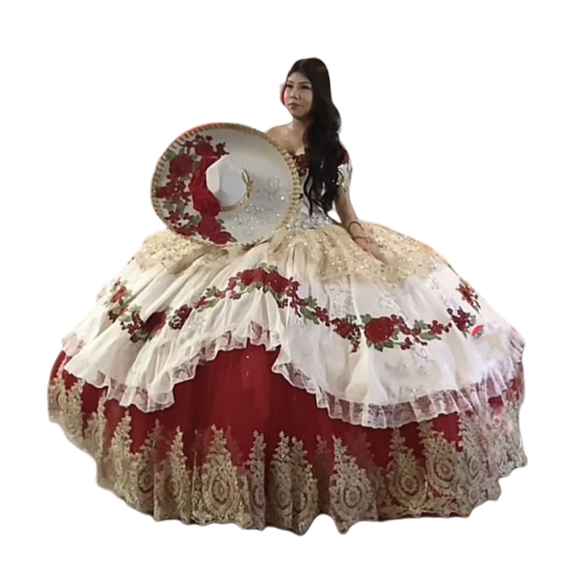 2025 Mexican Charro Quinceanera Dress Flower Embroidery Off Shoulder Prom Ball Gown Princess Sweet 16 Dresses Gold Lace Appliques Corset Back
