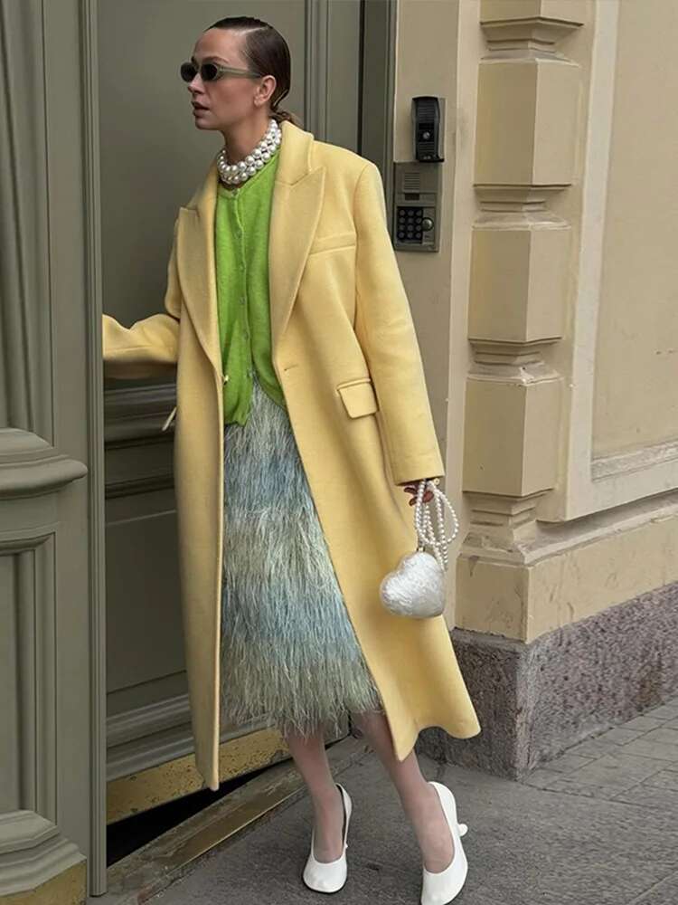 Yellow Woolen Female Coats Turn-Down Collar Loose Lady Jacket 2024 Autumn Winter Long Sleeve One Button Solid Women Coat