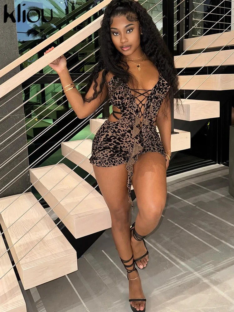 Ruffle Drawstring Women Playsuits Sexy Cleavage Hollow Low Neck Backless Skinny Rompers Female Trend Attirewear 250226