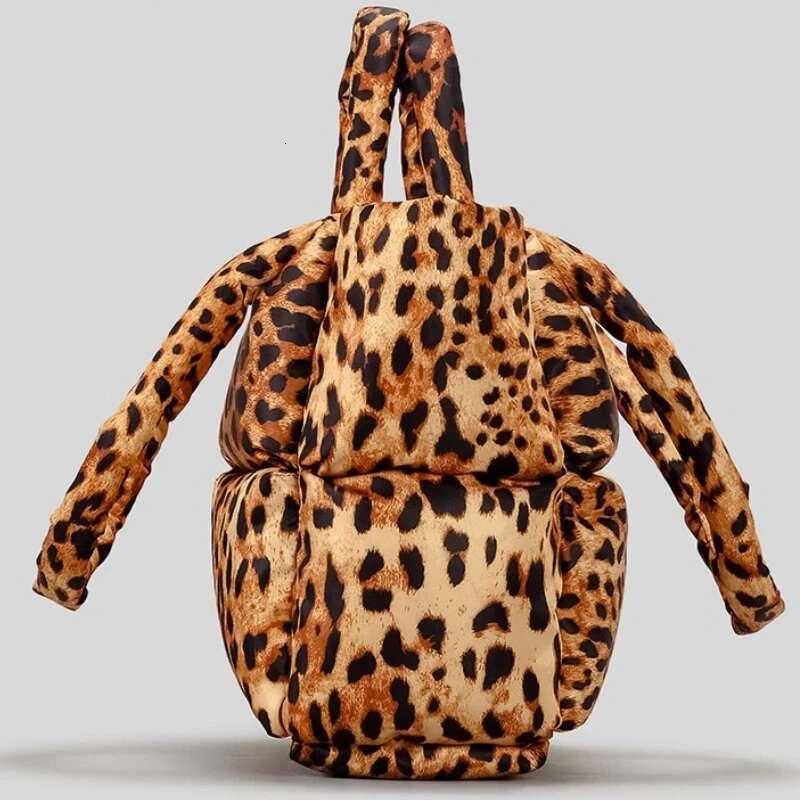 Women Leopard Design Puffy Handbag Large Capacity Quilted Space Down Feather Padded Cotton Tote Bag Winter Warm Shopping Purse
