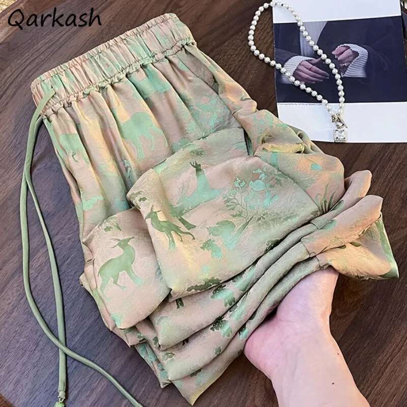 2025 New Women's Printed Pants with Elastic Waist, Full Length, Spring/Summer Casual, Loose, High Street Fashion, Niche Design, Full Style, Popul