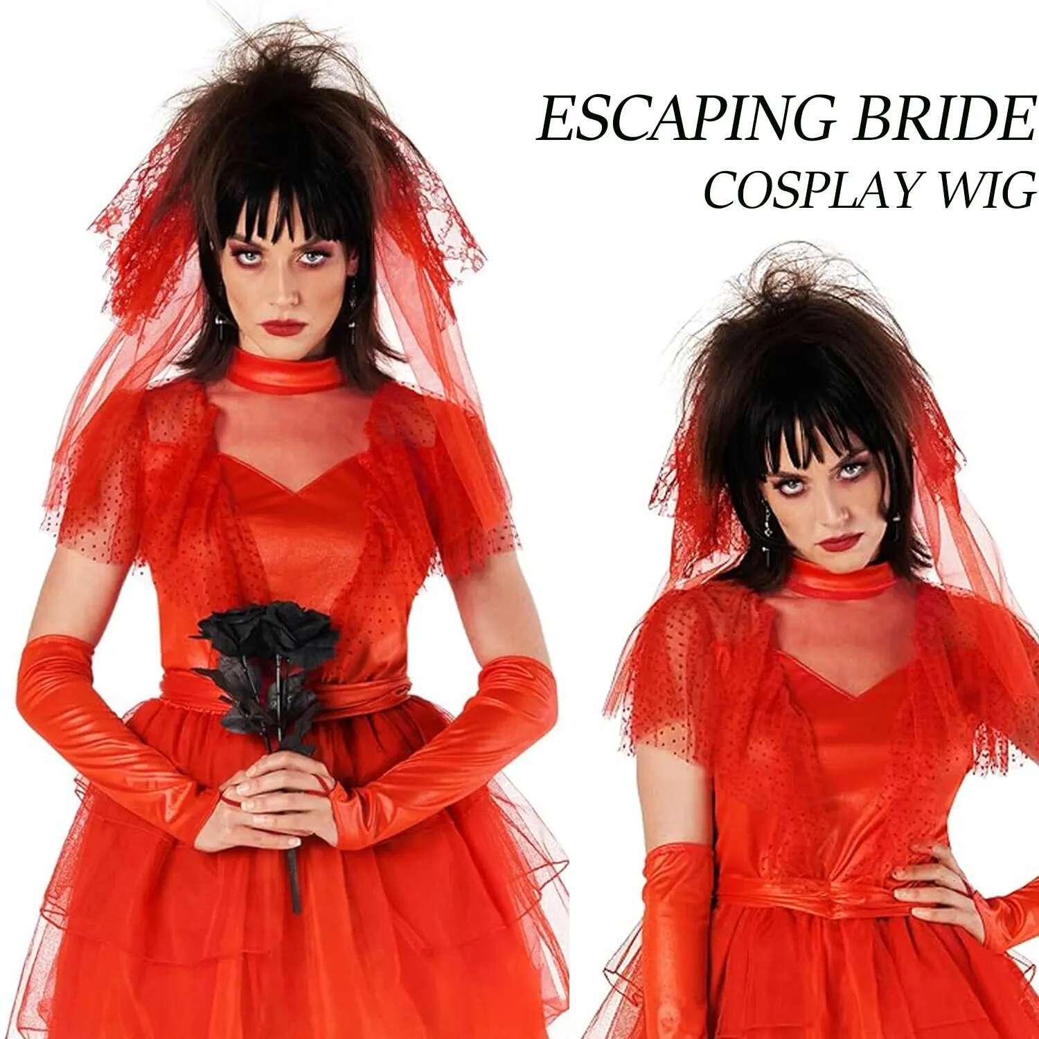 Black Cosplay Wig With Bun Synthetic Bride Costumes,Halloween Costume For Lydia Deetz Wigs For Women