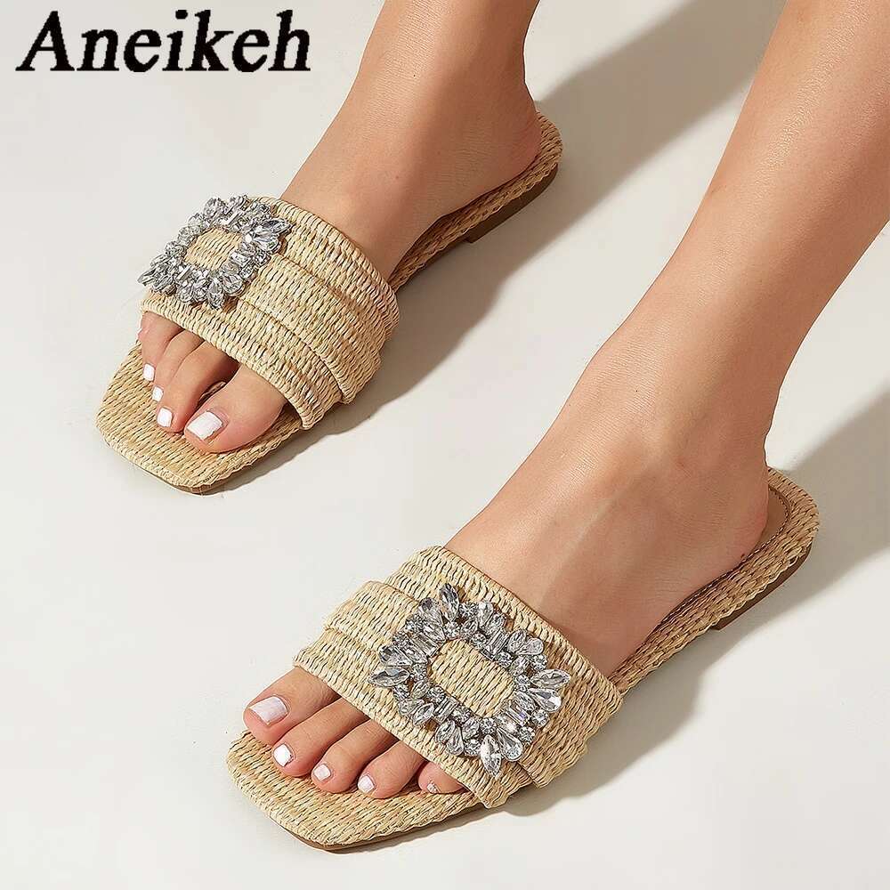 Summer Casual Aneikeh Fashion Square Headed Cane Knitted Heels for Women Slippers Flat Bottom Crystal Sandals Beach Slides
