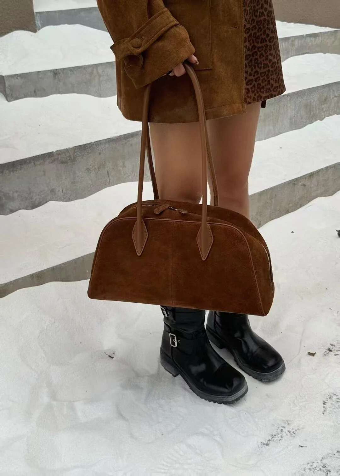 Vintage England Stylish Matte Coffee Color Boston Tote Genuine Suede Leather Women Top-Handle Handbag Leisure Daily Shoulder Bag