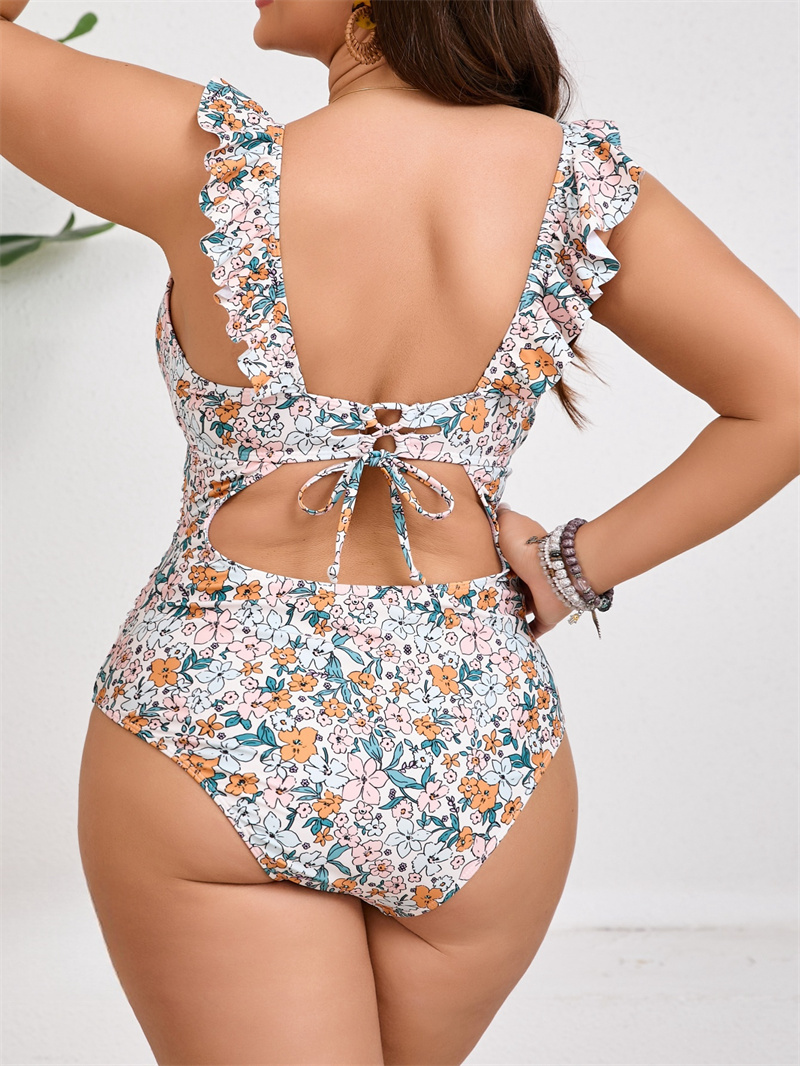 Women'S V-Neck Tummy Control One-Piece Swimsuit Features Ruffles And a Back Tie Design, Adorned with a Floral Pattern
