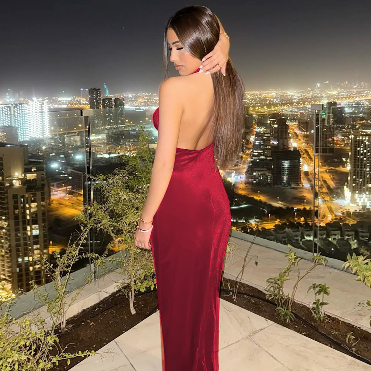 Women's Clothing 2025 Spring/Summer New Product Fashionable And Sexy Backless Slit Hanging Neck Lace Up Sleeveless Dress