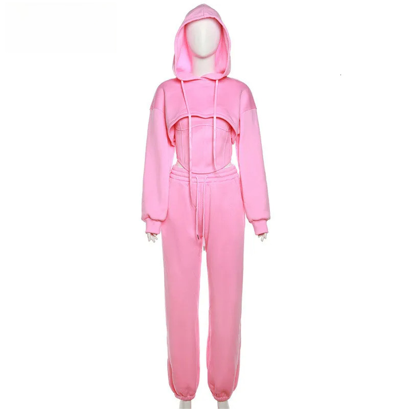 Vsstiar Women Three Piece Set Long Sleeve Hooded Crop Top Irregulary Tanks Pockets Pants Casual Tracksuit Fashion Female Clothes