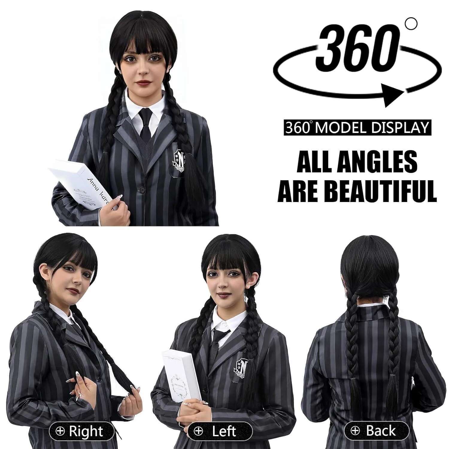 Synthetic Black Braided Pigtail Braids Halloween Costume Compatible With Wednesday Addams Wig