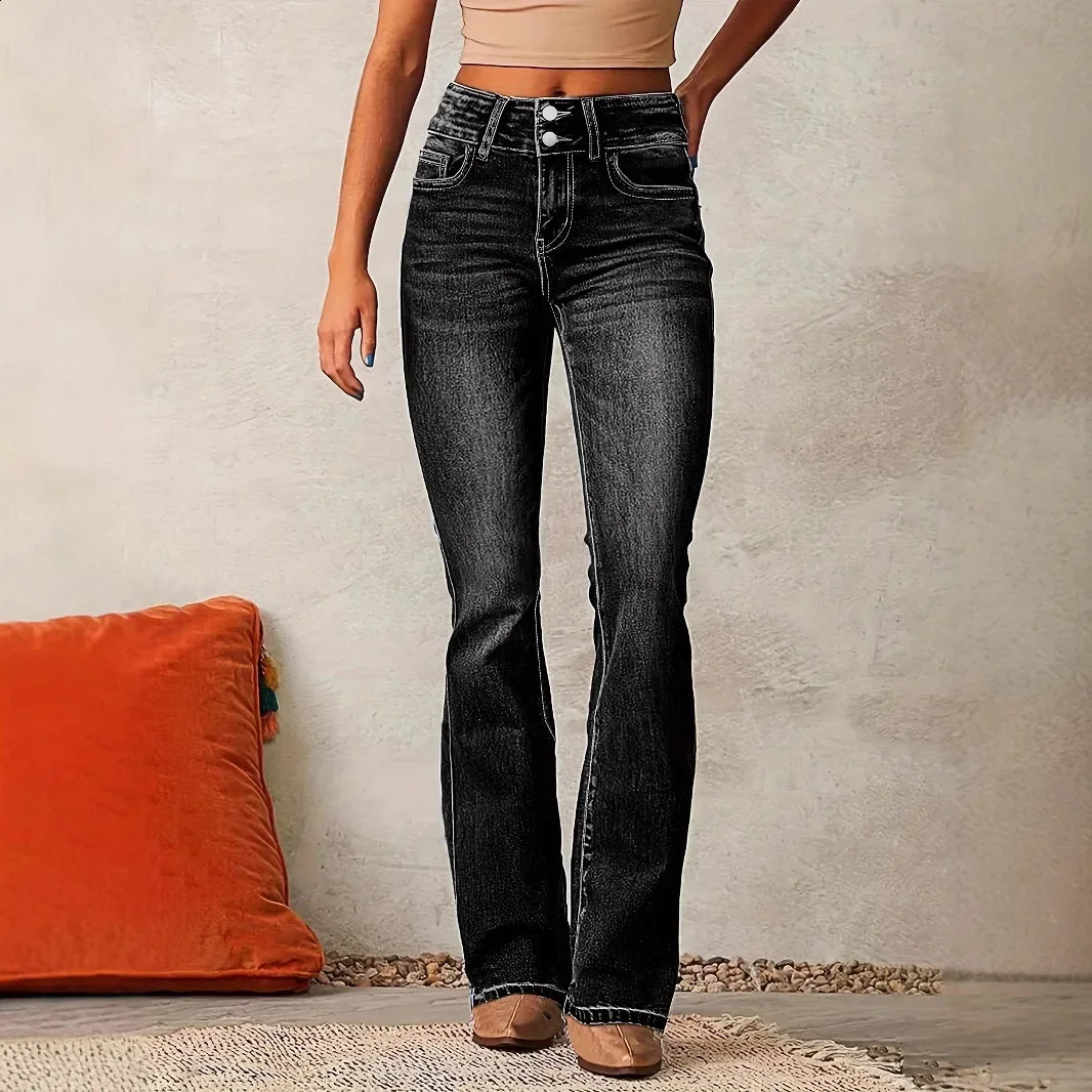 Jeans Flare Pants Womens Denim Long Pants Bodycon Casual Y2k Elegant Vintage Button Pocket Straight Trousers Zipper Streetwear 250225