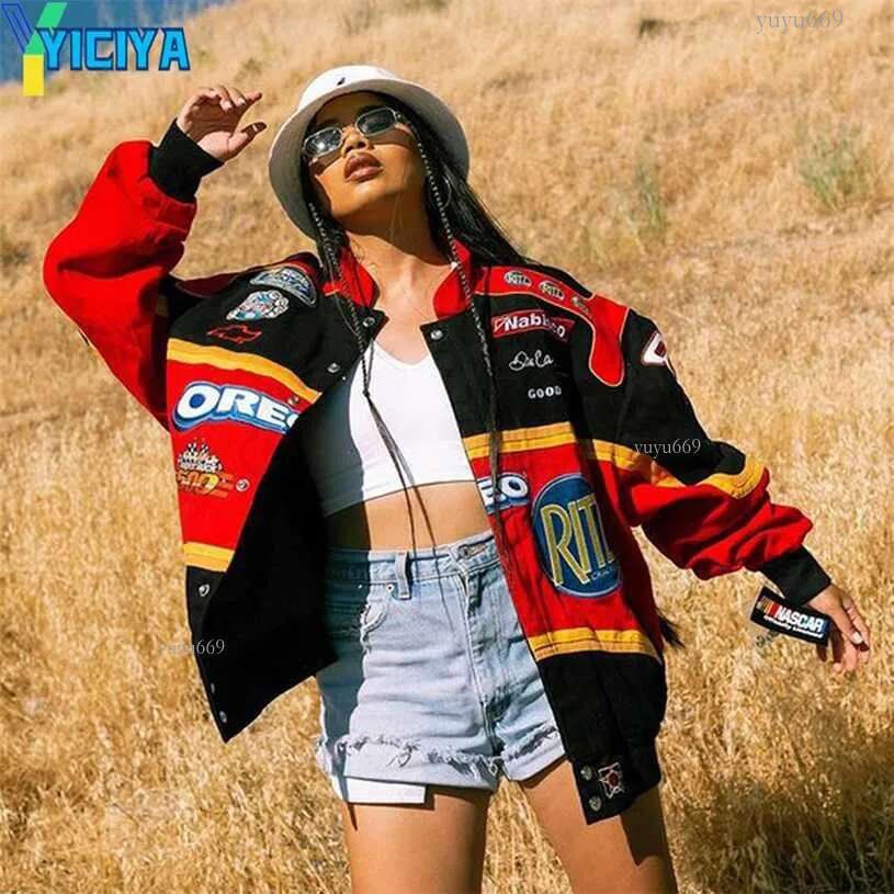 Jacket Orange Vintage Letter Printed Casual Long Sleeve Bomber Clothes Fall Baseball Coat Oversized Women's 2