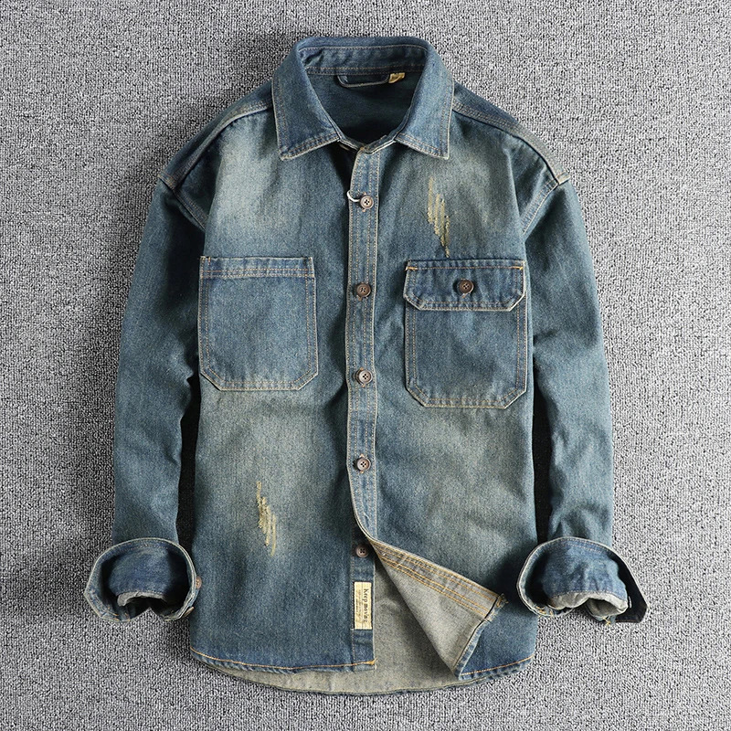 Heavy washing to do old vintage denim shirt men loose casual trend youth 250226