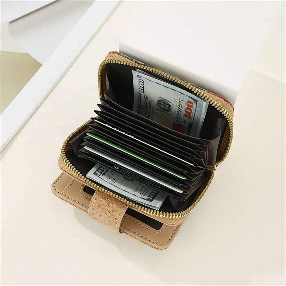 Retro Printed Short Zipper Small Wallet Portable Cork Coin Purse Multi Functional Slot Women's Card Holder Wallets