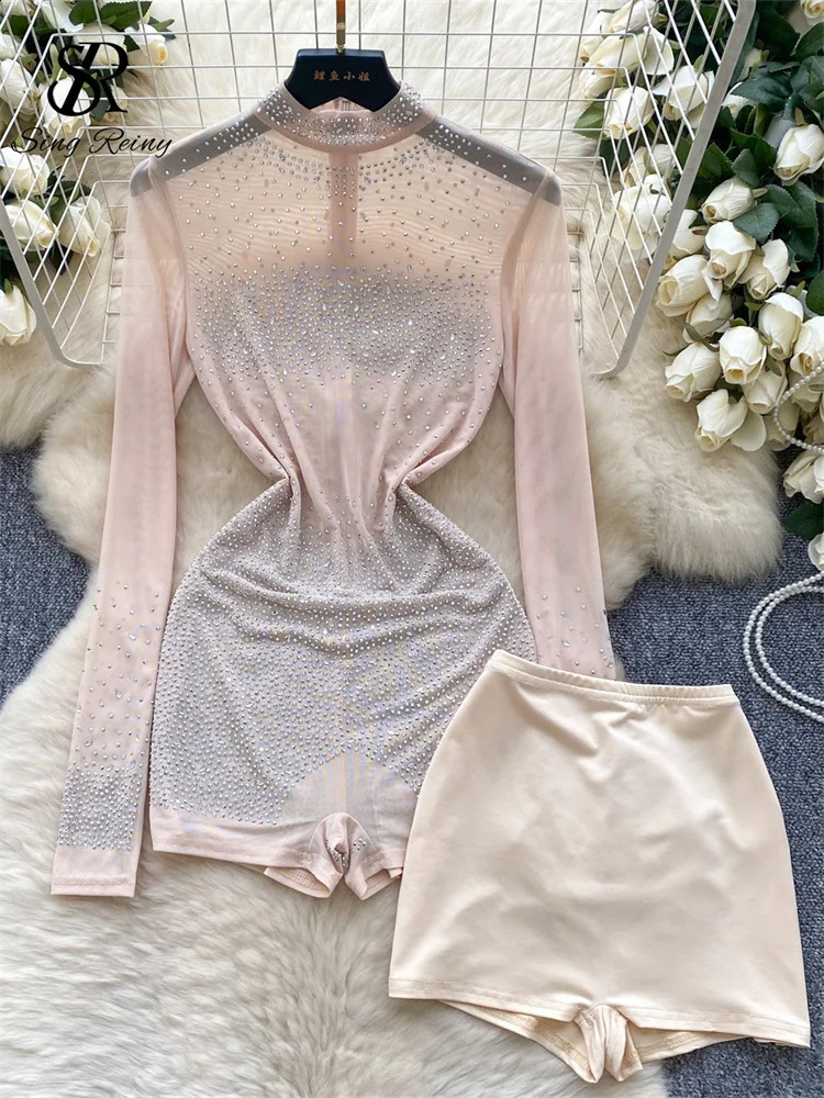 SINGREINY Summer Thin Sheer Sexy Bodysuit Long Sleeve Zipper With Shorts Rompers Beadings Streetwear Women Mesh Playsuits 250225