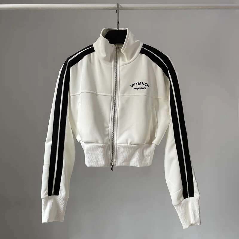 Spring Double Zipper Baseball Cropped Jacket Women Outerwear Embroidered Striped Green Black White Blue Zip Up Coat