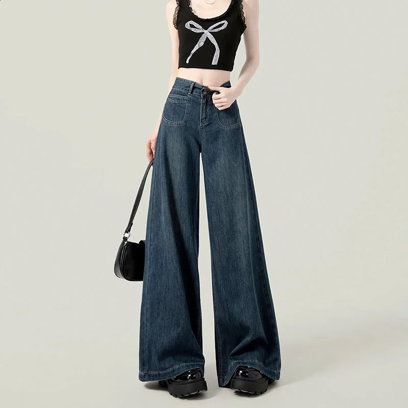 Dark Blue Jeans Women High-Waisted Vintage Loose Lazy Harajuku Wide-Leg Pants Y2K Korean Pocket High Street Female Denim 250225