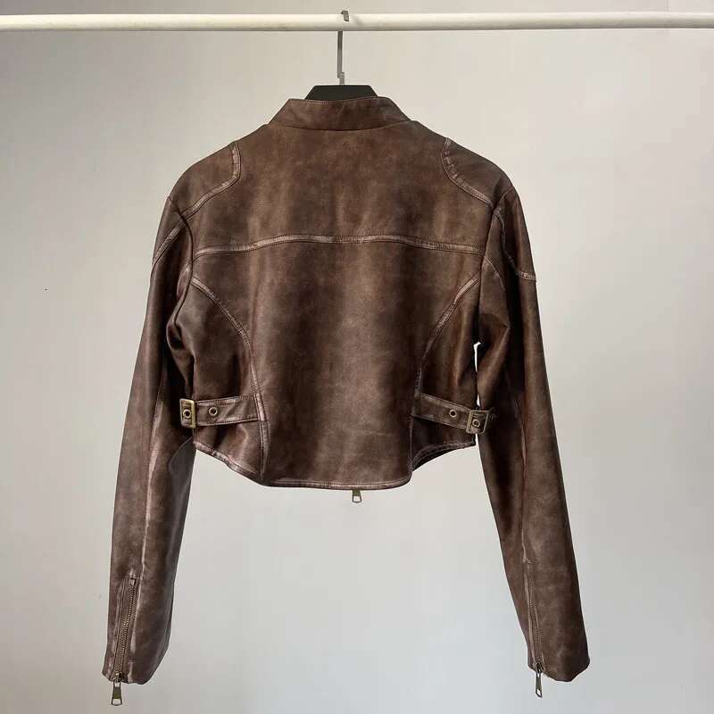Vintage Black Brown PU Faux Leather Cropped Biker Moto Jacket Women Zipper Coat Outwear Stylish Top Kpop Outdoor
