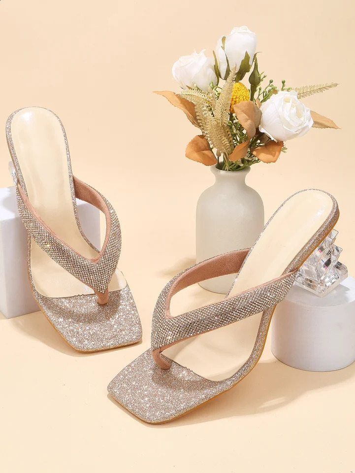 Summer brown rhinestone flip flops womens clip toe sandals for outdoor wear beach shoes dance shoes wedding crystal heels 250218