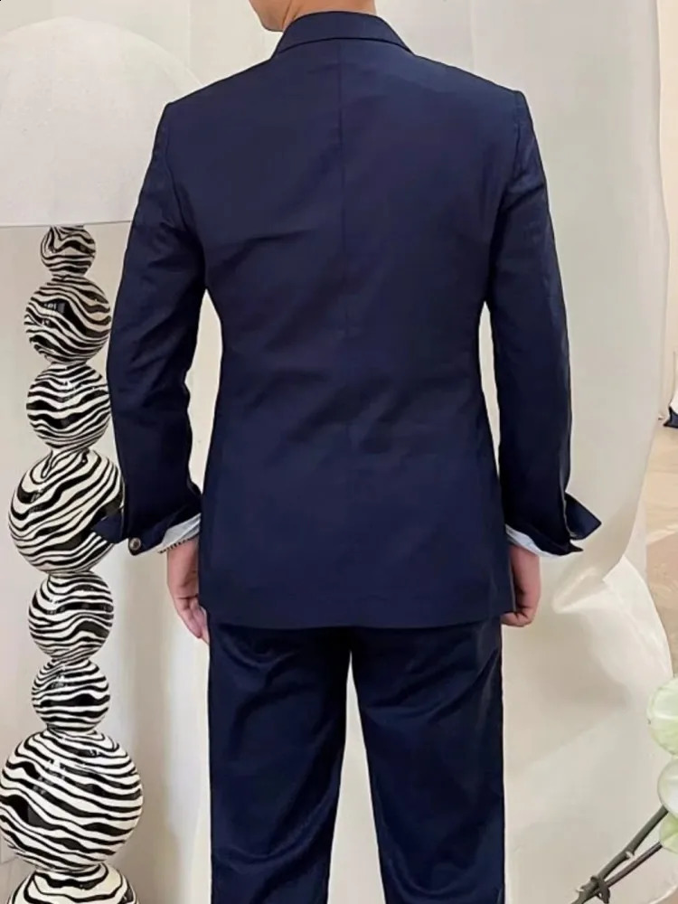Spring and summer business mens work linen suit ultra-thin fit double corset jacket pants two-piece set wedding dress set 250224