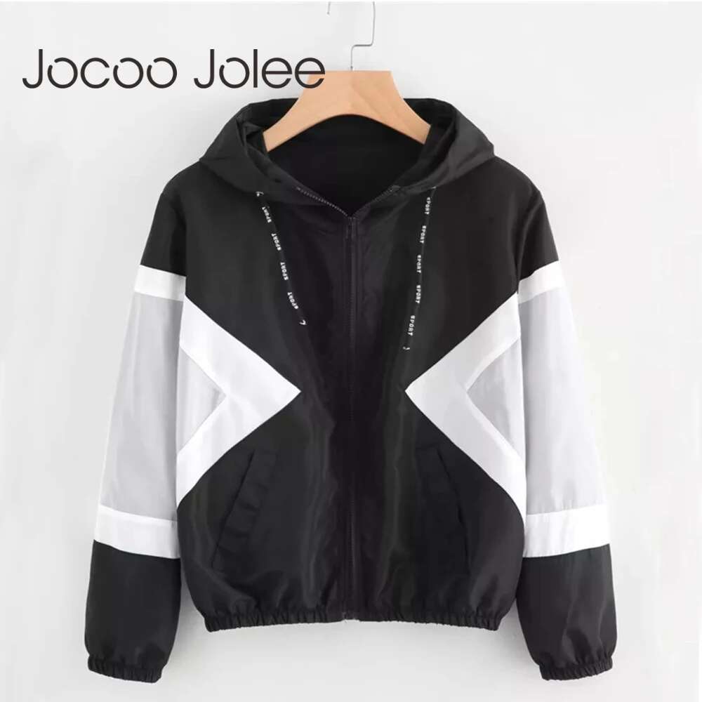 Fashion Hooded Windbreaker Women Elegant Color Block Patchwork Zipper Bomber Jacket Autumn Casual Coat Outerwear Raincoat