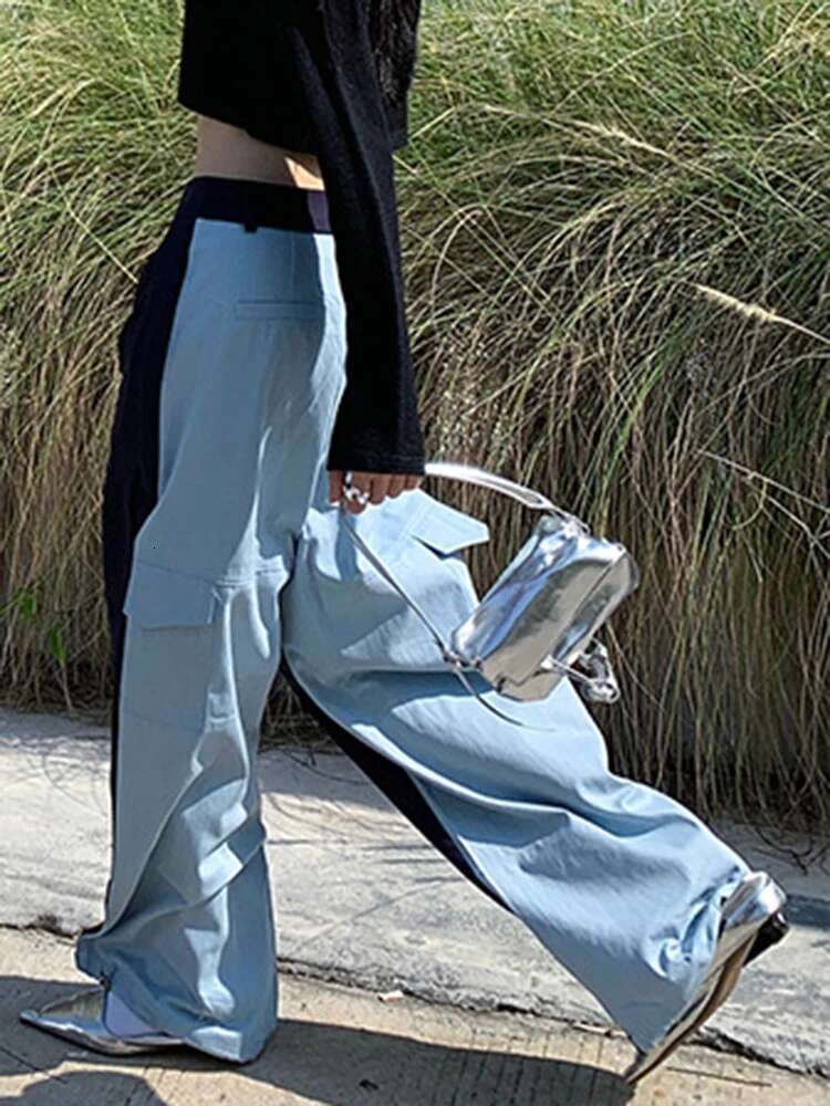 DEAT Fashion Women's Pants Mid Waist Contract Color Folds Pockets Streetwear Straight Leg Trousers Spring 2025 New Tide 7Ab792