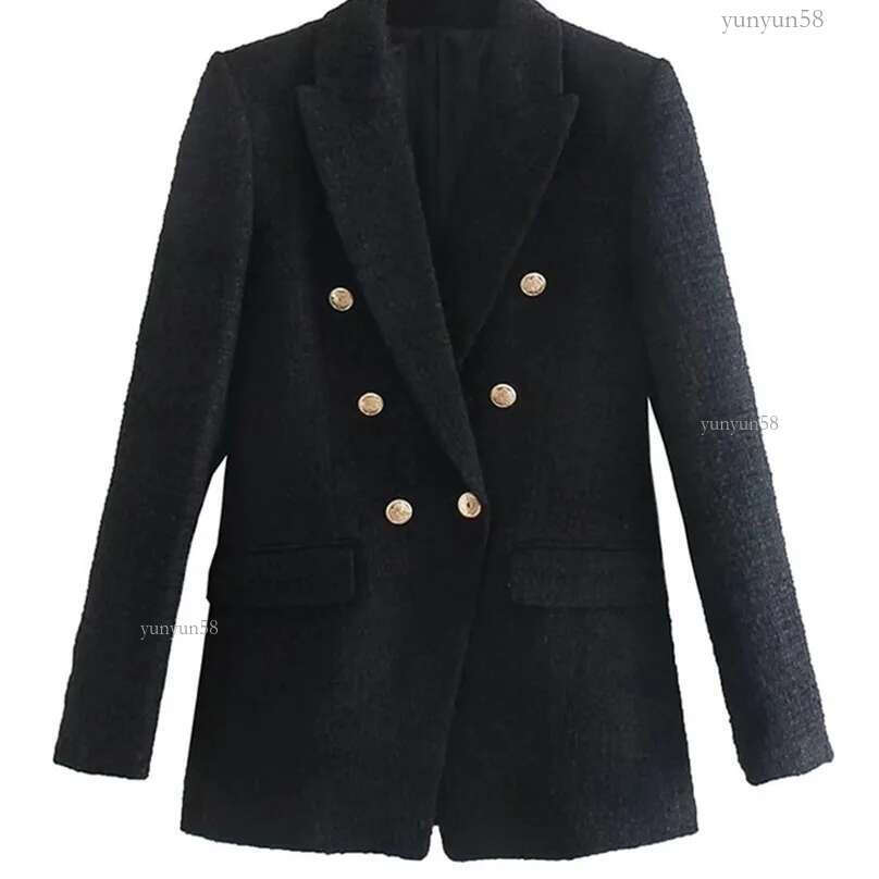 Fashion TRAF With Women Metal Button Tweed Blazer Coat Vintage Long Sleeve Flap Pockets Female Outerwear Chic Veste 2