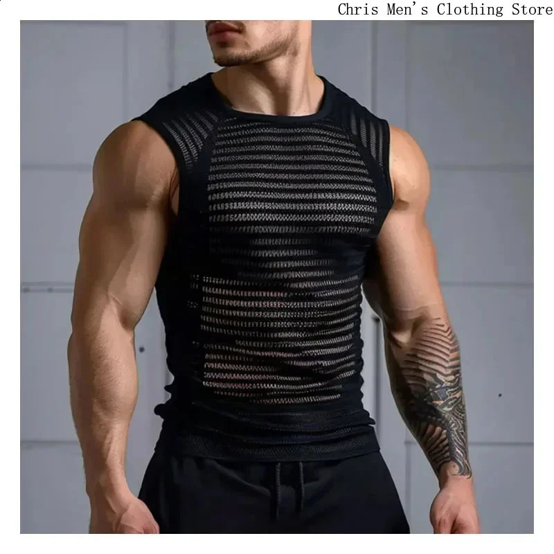 Mesh Breathable Male Tank Top Sexy See-through Men Sleeveless Tee Mens High Street Punk Black Vest Fitness Exercise Hollow Vest 250225