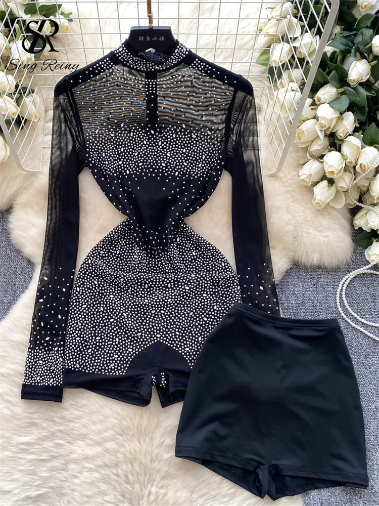 SINGREINY Summer Thin Sheer Sexy Bodysuit Long Sleeve Zipper With Shorts Rompers Beadings Streetwear Women Mesh Playsuits 250225